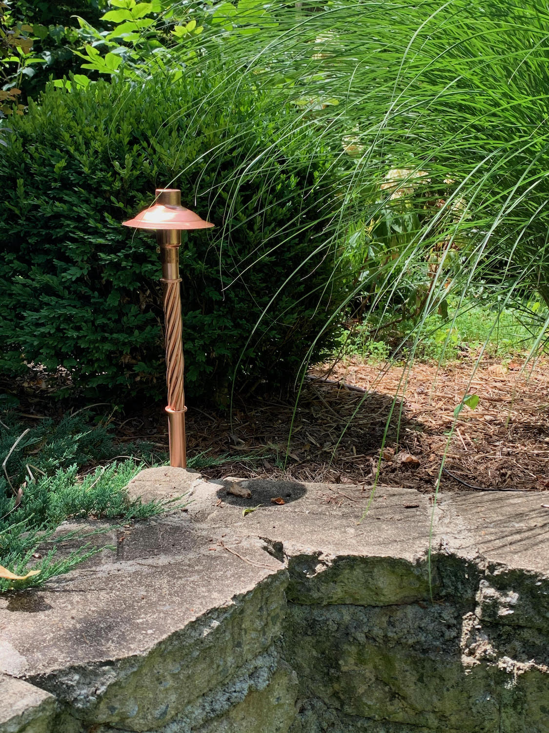 CopperMoon CM.730-10 12V Copper 9" Path Light Top, 20" Twisted Rope Stem With Stake - Seginus Lighting